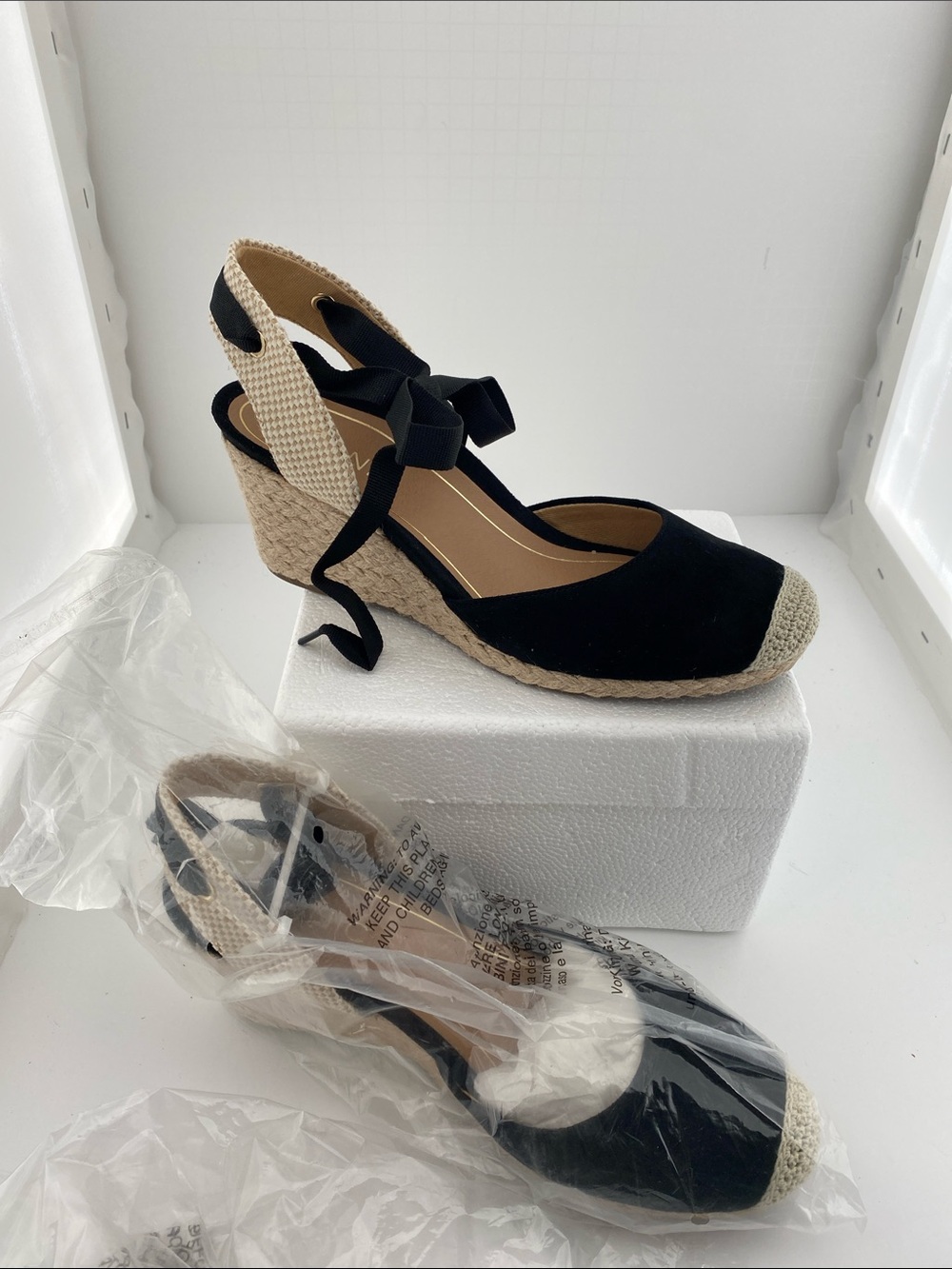 Vionic Black Espadrille Wedge Sandals with Natural Jute Trim - Picture 2 of 5